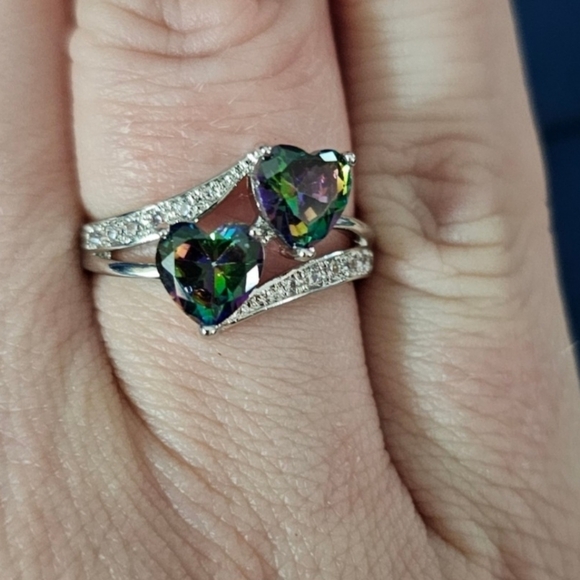 Vintage Faux Mystic Topaz Hearts &Cubic Zirconia Sterling Silver Plated Ring Sz9 - Picture 3 of 3